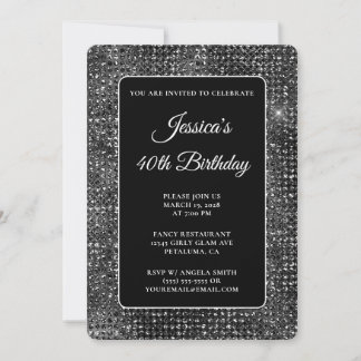Black and White Disco Glitter 40th Birthday Invitation