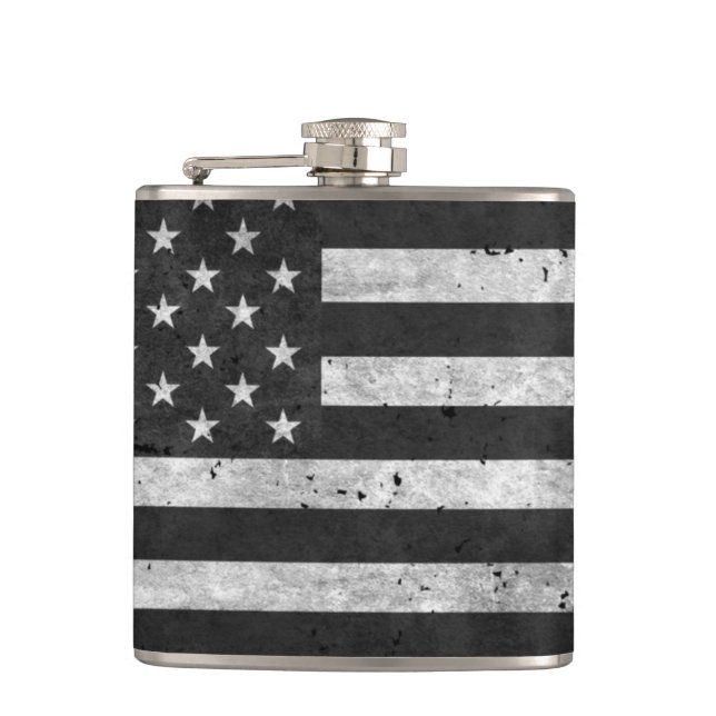 Black and White Distressed American flag Hip Flask (Front)