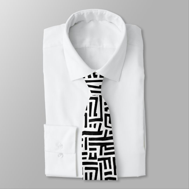 Black and White Distressed Maze Pattern Tie (Tied)