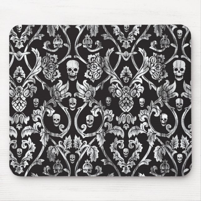 Black and white distressed skull damask. mouse mat (Front)