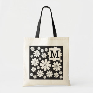 Black And White Ditsy Flowers Monogrammed Tote Bag