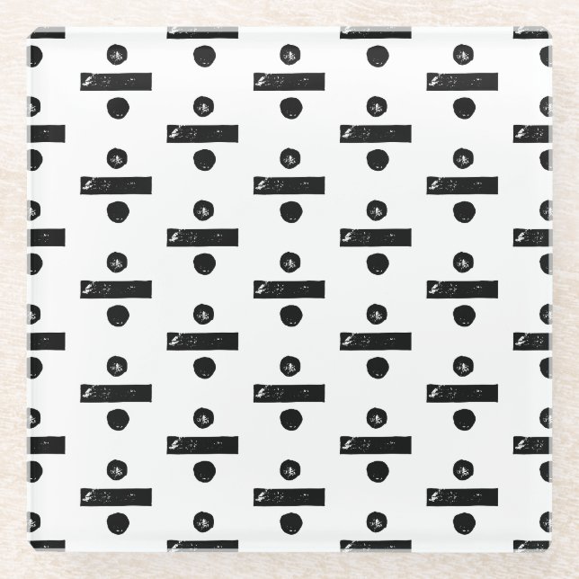 Black and White "Divide" Math Symbol Lino Cut Glass Coaster (Front)