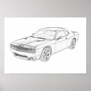 Black and White Dodge Challenger Pencil Drawing Poster