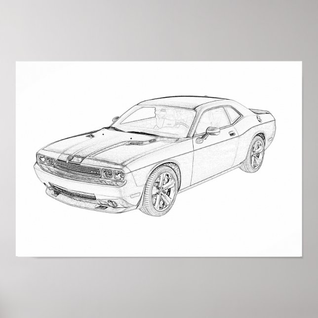 Black and White Dodge Challenger Pencil Drawing Poster (Front)