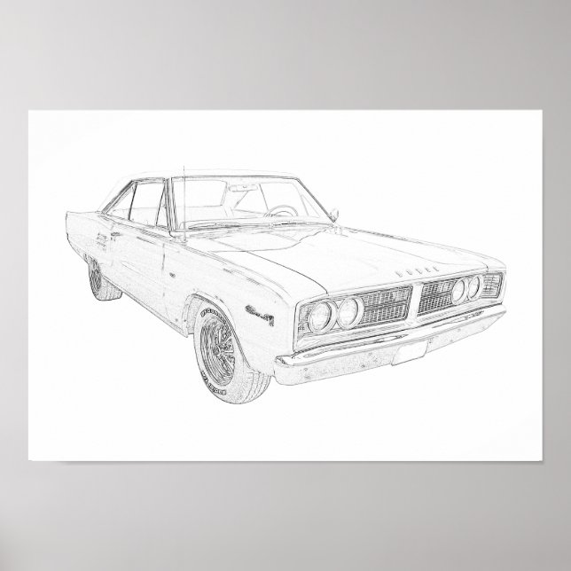 Black and White Dodge Coronet Mopar Muscle Car Poster (Front)