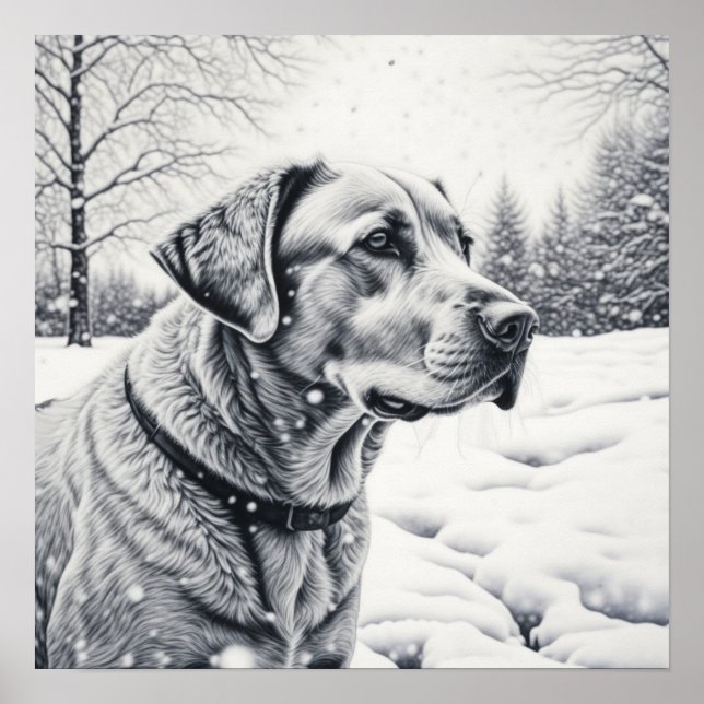 Black and White Dog AI Sketch Winter Scene Poster (Front)