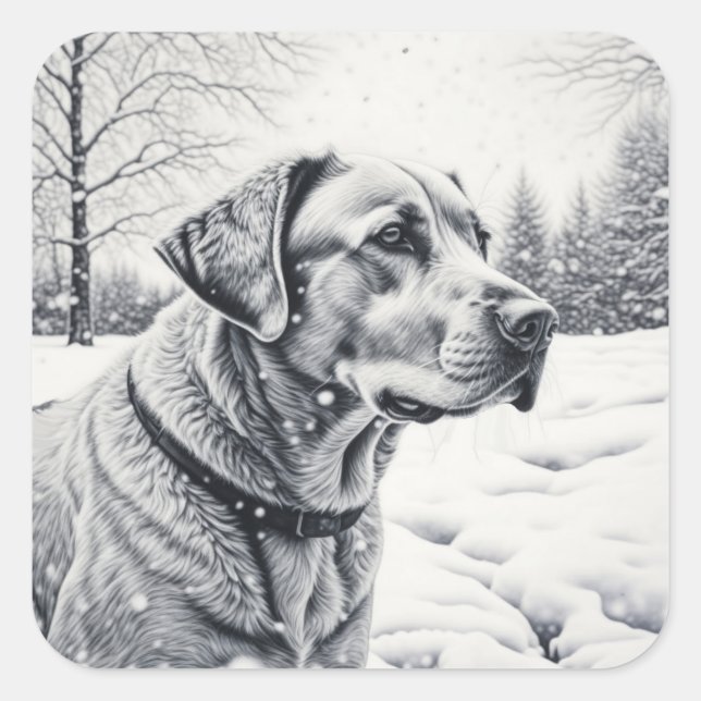 Black and White Dog AI Sketch Winter Scene Square Sticker (Front)