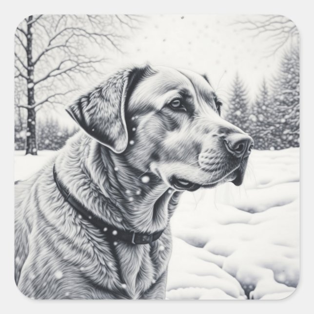 Black and White Dog AI Sketch Winter Scene Square Sticker (Front)