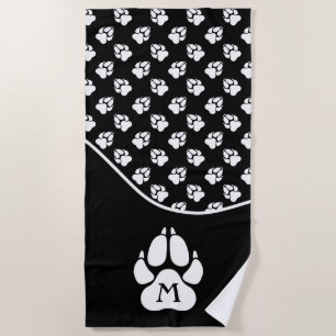Black And White Dog Paw Pattern & Custom Monogram Beach Towel