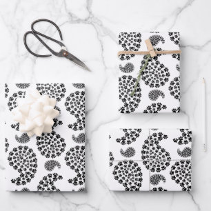 Black And White Dog Paw Print Paisley Wrapping Paper Sheet