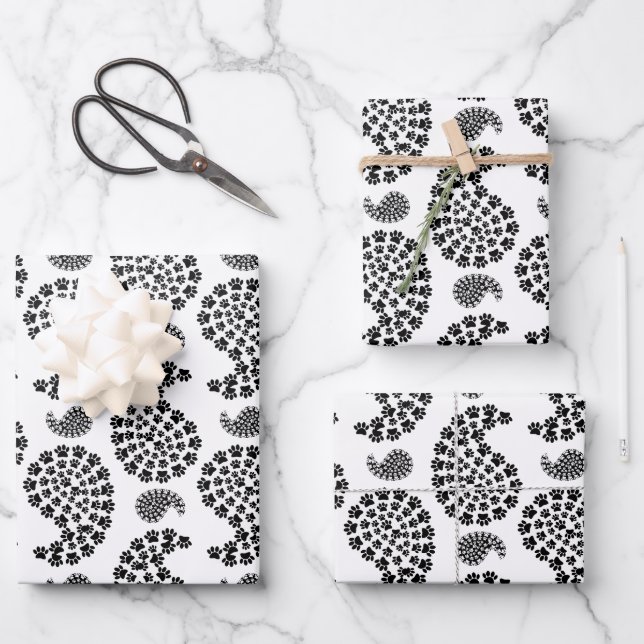 Black And White Dog Paw Print Paisley Wrapping Paper Sheet (Front)