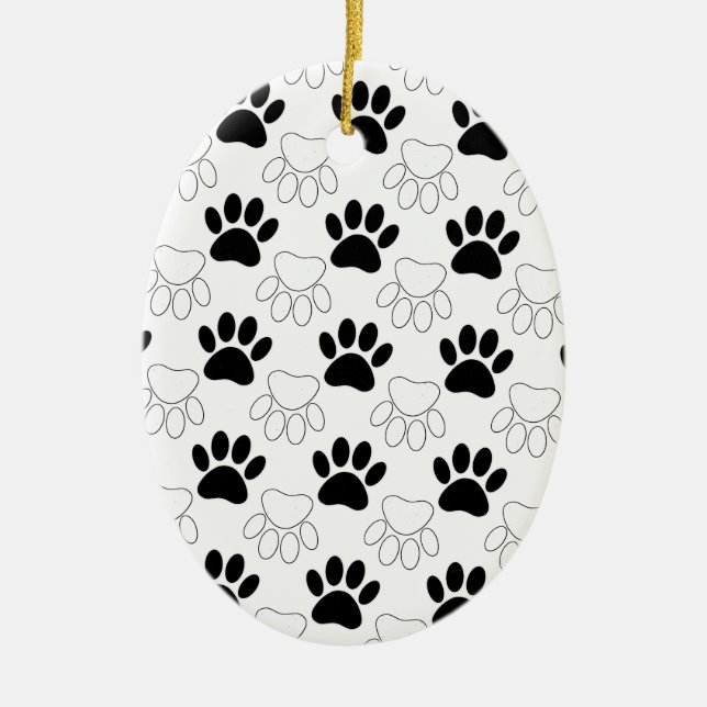Black And White Dog Paw Print Pattern Ceramic Tree Decoration (Front)