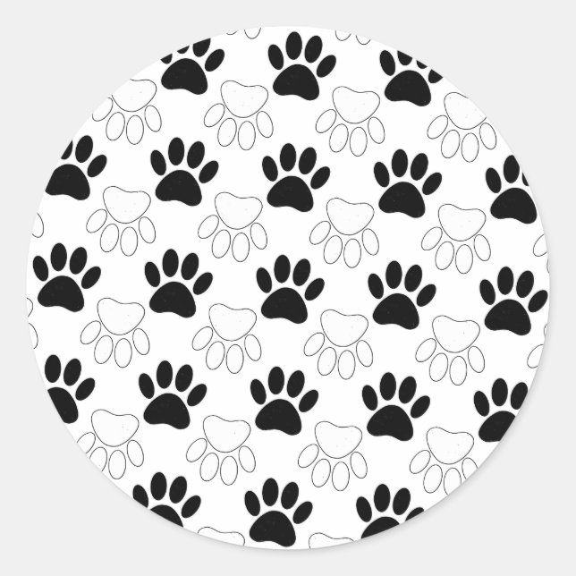 Black And White Dog Paw Print Pattern Classic Round Sticker (Front)