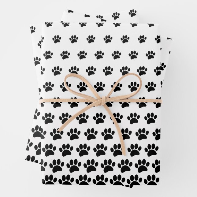 Black and White Dog Paw Print Pattern Custom Wrapping Paper Sheet (In situ)