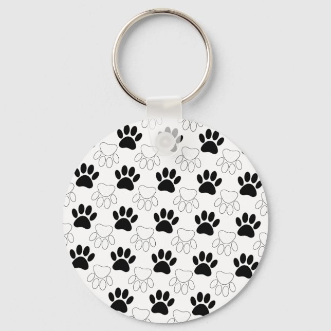 Black And White Dog Paw Print Pattern Key Ring (Front)