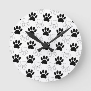 Black And White Dog Paw Print Pattern Round Clock