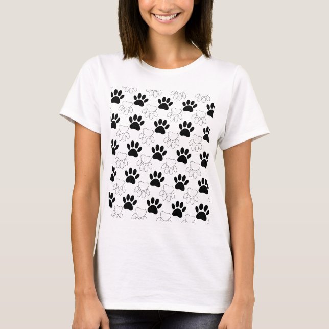 Black And White Dog Paw Print Pattern T-Shirt (Front)