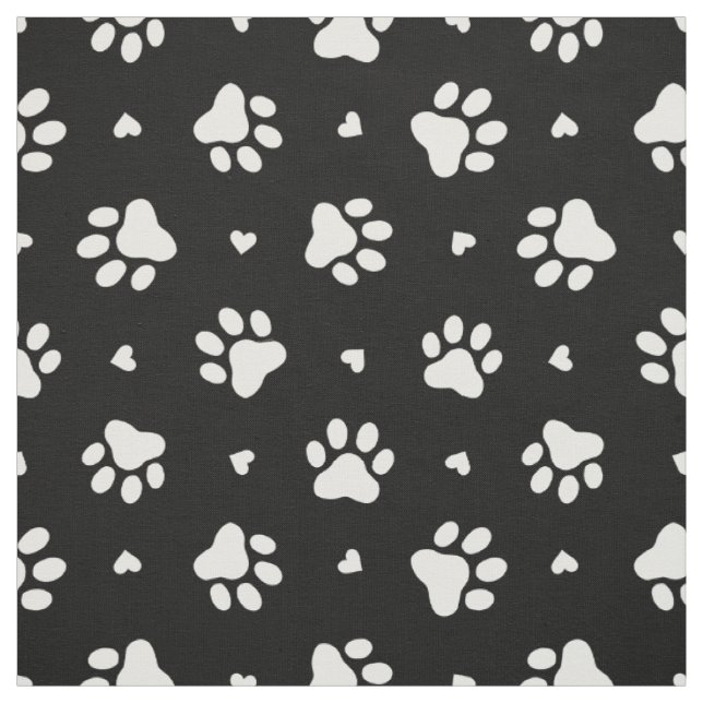 Black and White Dog Paw Prints and Hearts Pattern Fabric (Swatch)