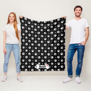 Black and White Dog Paw Prints and Hearts Pattern Fleece Blanket