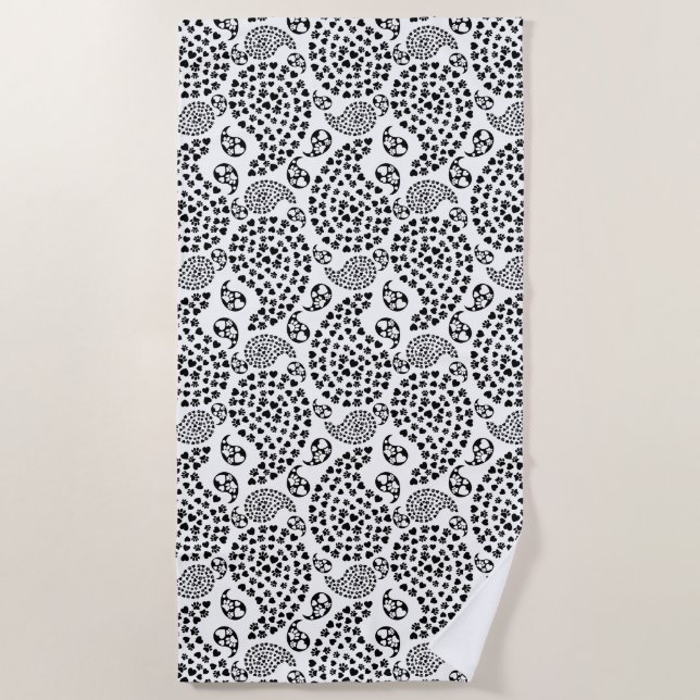 Black And White Dog Paws And Hearts Paisley Print Beach Towel (Front)