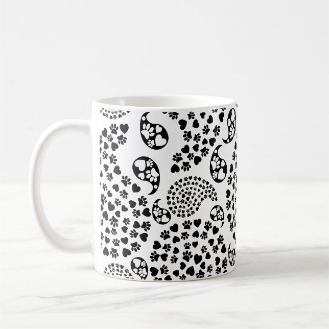 Black And White Dog Paws And Hearts Paisley Print Coffee Mug (Left)