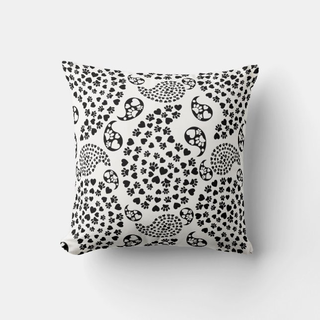 Black And White Dog Paws And Hearts Paisley Print Cushion (Front)