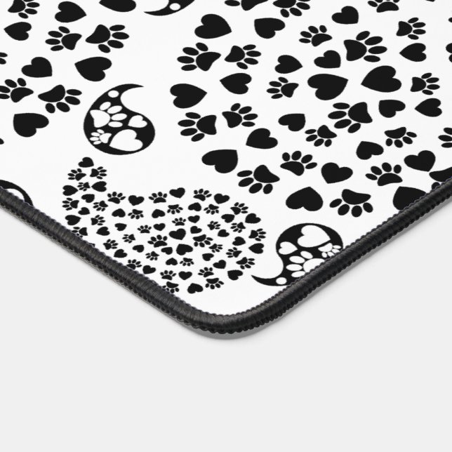 Black And White Dog Paws And Hearts Paisley Print Desk Mat (Corner)