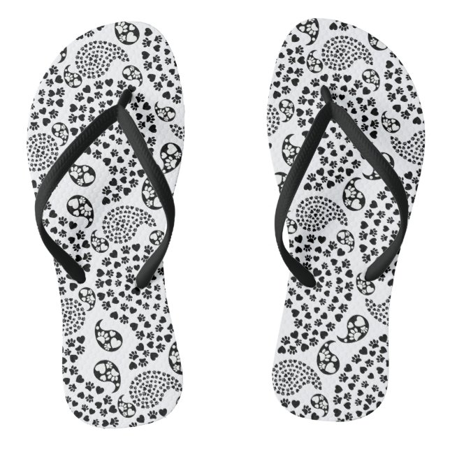 Black And White Dog Paws And Hearts Paisley Print Flip Flops (Footbed)