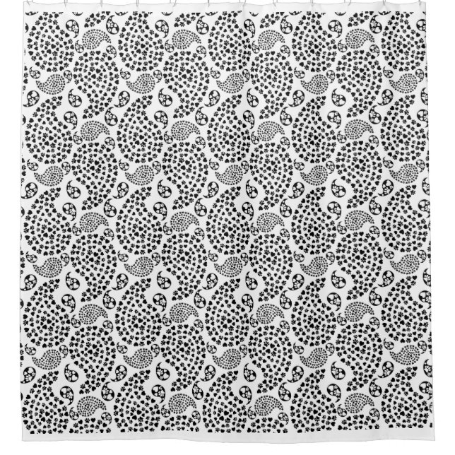 Black And White Dog Paws And Hearts Paisley Print Shower Curtain (Front)