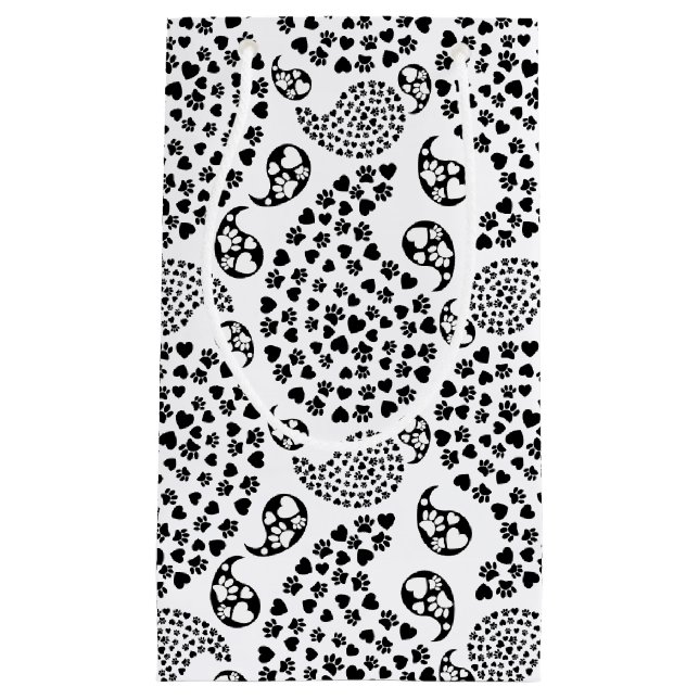Black And White Dog Paws And Hearts Paisley Print Small Gift Bag (Front)