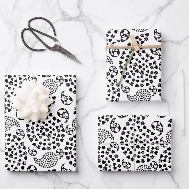 Black And White Dog Paws And Hearts Paisley Print Wrapping Paper Sheet (Front)
