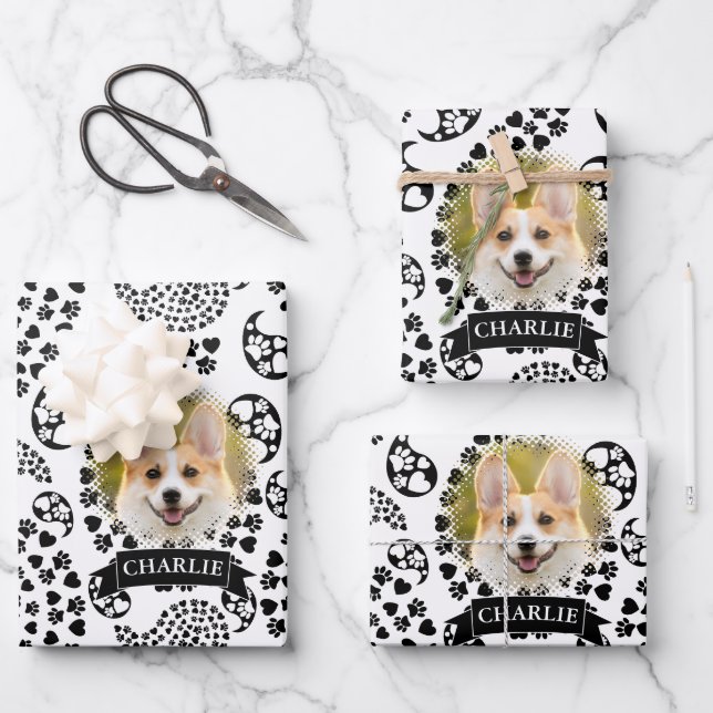 Black And White Dog Paws And Hearts Paisley Print Wrapping Paper Sheet (Front)