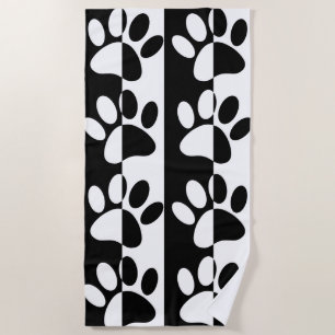 Black And White Dog Paws And Stripes  Beach Towel