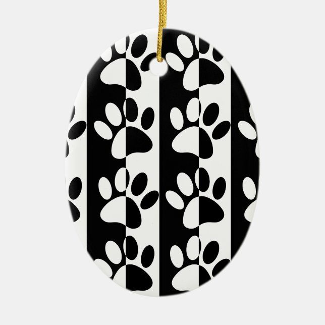Black And White Dog Paws And Stripes Ceramic Tree Decoration (Front)