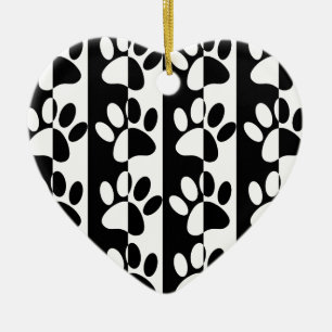 Black And White Dog Paws And Stripes Ceramic Tree Decoration