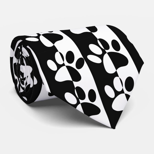 Black And White Dog Paws And Stripes Custom Tie (Rolled)