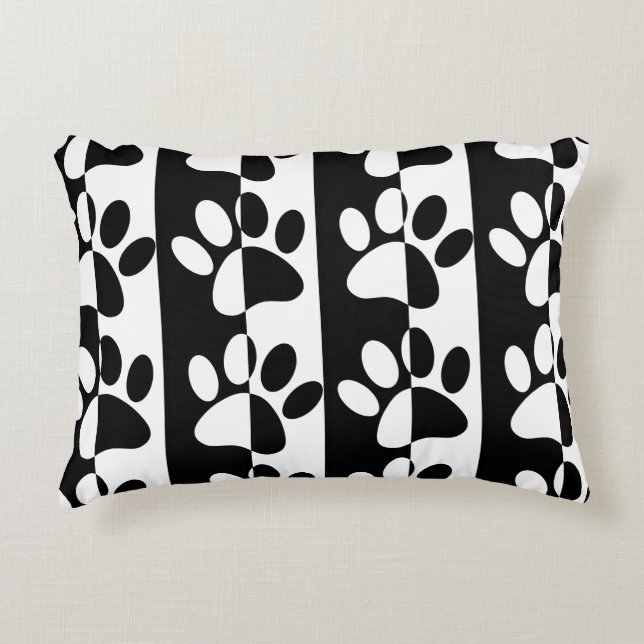 Black And White Dog Paws And Stripes Decorative Cushion (Front)
