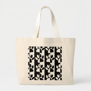 Black And White Dog Paws And Stripes Large Tote Bag