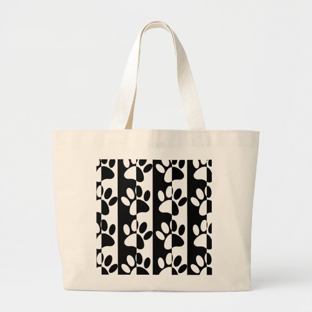 Black And White Dog Paws And Stripes Large Tote Bag (Front)