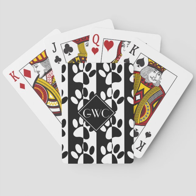 Black And White Dog Paws And Stripes Monogram Playing Cards (Back)
