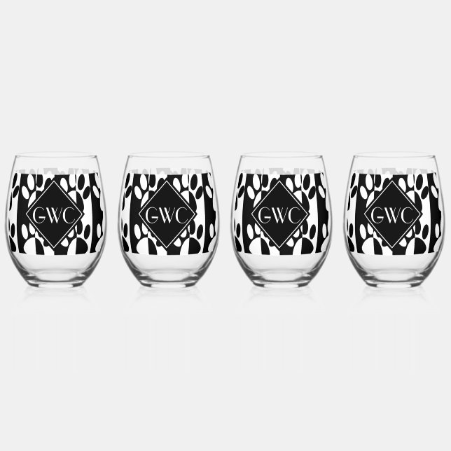 Black And White Dog Paws And Stripes Monogram Stemless Wine Glass (Back)