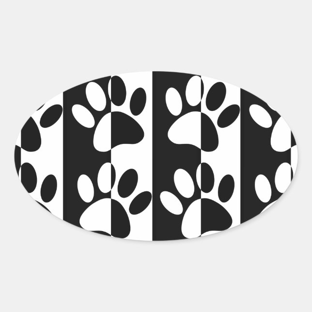 Black And White Dog Paws And Stripes Oval Sticker (Front)