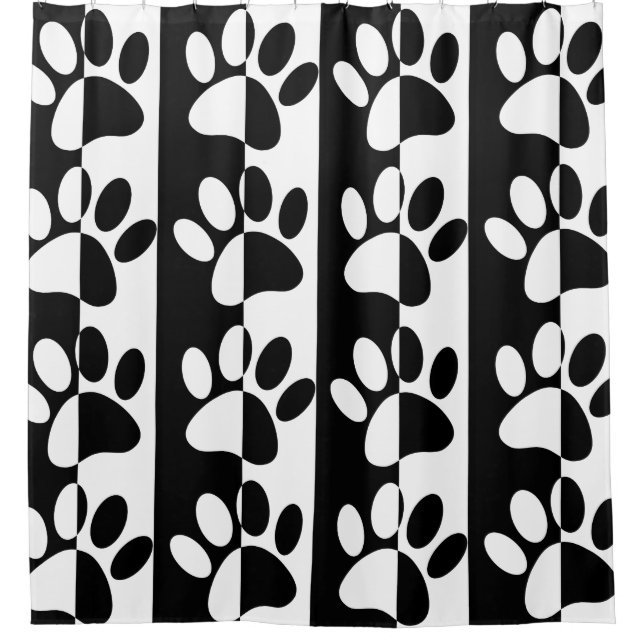 Black And White Dog Paws And Stripes Shower Curtain (Front)
