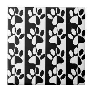 Black And White Dog Paws And Stripes Tile