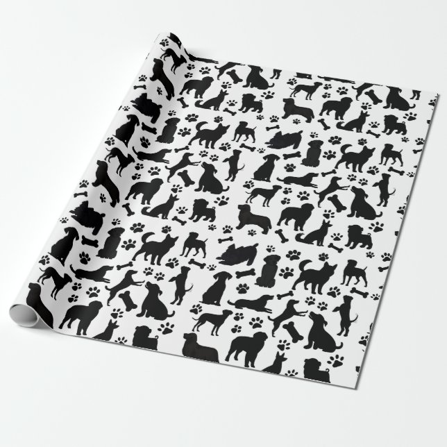 Black and White Dog Silhouette Wrapping Paper (Unrolled)