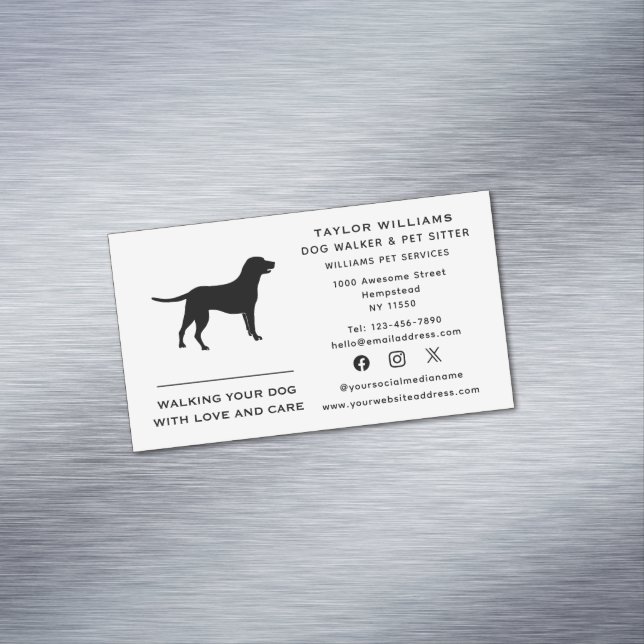 Black And White Dog Walker Pet Sitter Social Media Magnetic Business Card (In Situ)