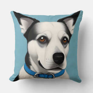 Black and White Dog with Blue Collar Cushion