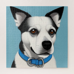 Black and White Dog with Blue Collar Jigsaw Puzzle