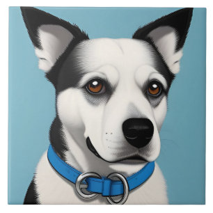 Black and White Dog with Blue Collar Tile