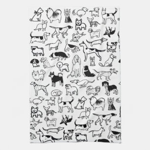 Black and White Dogs Pattern   Cute Canine Lover's Tea Towel